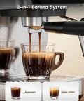 Kickstart Your Grind With This Game Changing Two In One Espresso And Drip Coffee Maker Featuring A Built In Milk Frother And Smart Touchscreen For Flawless Coffee Shop Sips pouring espresso into a glass cup.