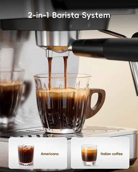 Kickstart Your Grind With This Game Changing Two In One Espresso And Drip Coffee Maker Featuring A Built In Milk Frother And Smart Touchscreen For Flawless Coffee Shop Sips pouring espresso into a glass cup.