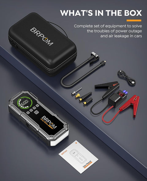 8000A Peak Jump Starter With Air Compressor For Cars And Diesel Engines, Portable 12V Power Pack, cables, jump clamps, case