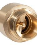 Brass one-way check valve, 1-1/4 in NPT inlet to 1-1/4 in FNPT outlet, close-up view