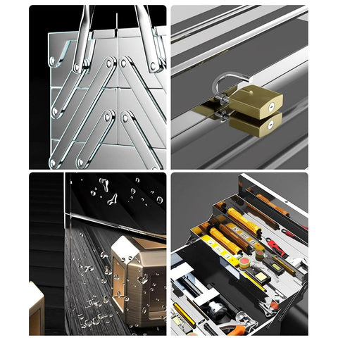 Stainless Steel Tool Box Organizer With Multi Layer Folding Storage Lockable Cabinet With Easy Carry Handle For Home Garage And Workshop Built Tough To Keep Tools And Gear Safe And Ready To Roll showing different compartments and lock details.