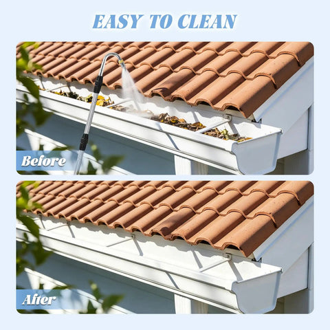 16Ft Telescoping Gutter Cleaning Tool From Ground With Up To 24Ft Reach Bendable Flexible Wand in use before and after cleaning gutters