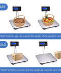 Built Like A Tank 660 Lb Heavy Duty Digital Livestock Scale With Roomy Stainless Platform and Precision Tare and Hold Timer, showing tare and hold features with baskets and boxes.