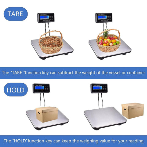 Built Like A Tank 660 Lb Heavy Duty Digital Livestock Scale With Roomy Stainless Platform and Precision Tare and Hold Timer, showing tare and hold features with baskets and boxes.