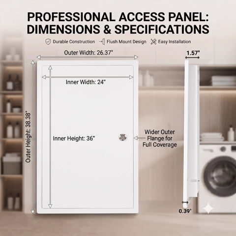 Heavy Duty Rock Solid 24 X 36 Lockable Steel Access Panel For Drywall Wall Ceiling Utility Door with dimensions and specifications.