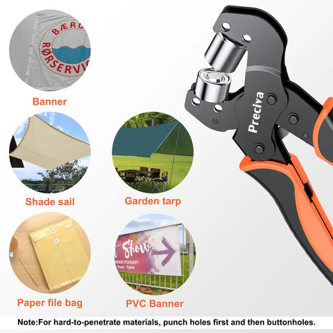 Heavy Duty Pro Grade Grommet Tool Kit Three Eighths Inch With Detachable Head Eyelet Pliers Set in use on various materials