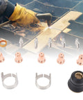 Pro Grade Plasma Cutter Consumables Kit With 48 Pieces IPT40 Electrodes Nozzles Cups And Standoff Guides visible with torch use