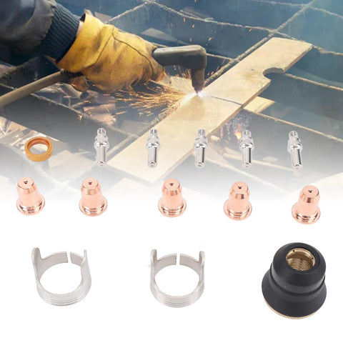 Pro Grade Plasma Cutter Consumables Kit With 48 Pieces IPT40 Electrodes Nozzles Cups And Standoff Guides visible with torch use