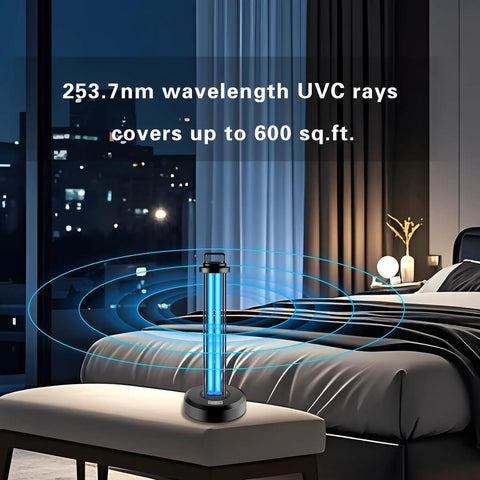 38W UV Light Sanitizer with Remote in bedroom, UVC rays covering up to 600 sq ft, illustrating functionality in home setting.