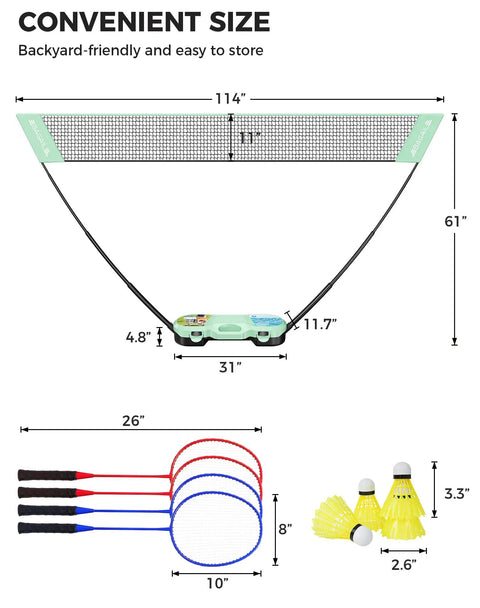 Dimensions of Portable Badminton Net Set With Pop Up Design, Complete 4 Racket Pack With Shuttlecocks And Carry Case shown.