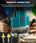 Fifteen Piece Router Bit Set With One Quarter Inch Shank for woodworking, operator using router for smooth cuts