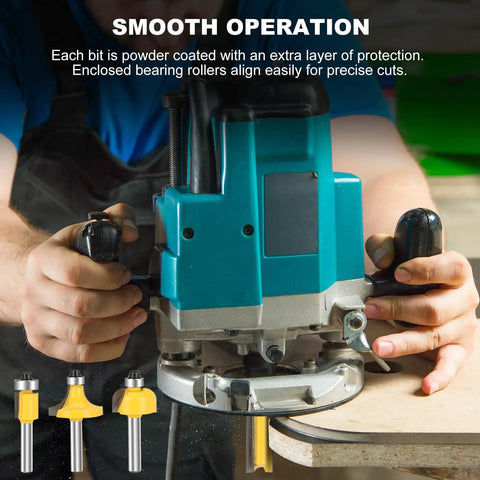 Fifteen Piece Router Bit Set With One Quarter Inch Shank for woodworking, operator using router for smooth cuts