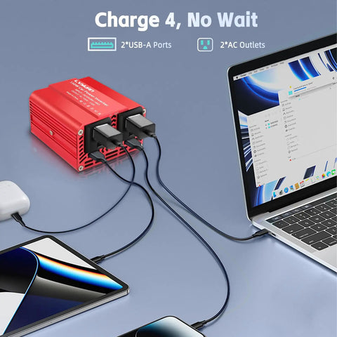 150W Car Power Inverter Converts 12V DC To 110V AC With Dual USB Ports and Ride Ready Vehicle Adapter charging laptops and phones.
