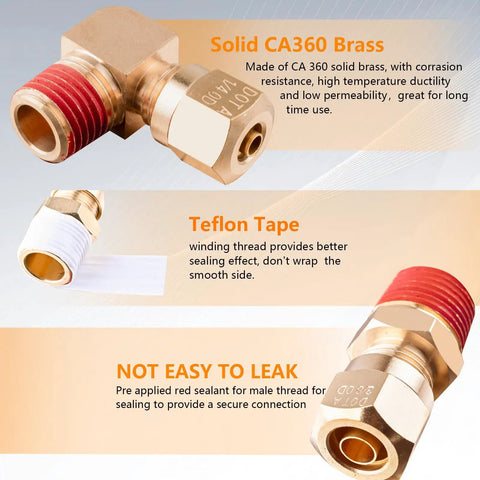 Detail view of Dope Brass DOT Air Line Fittings Kit with Teflon tape and red sealant, showing CA360 solid brass construction for durability