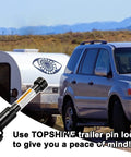 Heavy Duty Anti Theft Trailer Hitch Lock Pin Five Eighth Inch Diameter Fits Two Inch Receivers Steel Construction Keeps Your Trailer Secure From Thieves shown with SUV and trailer