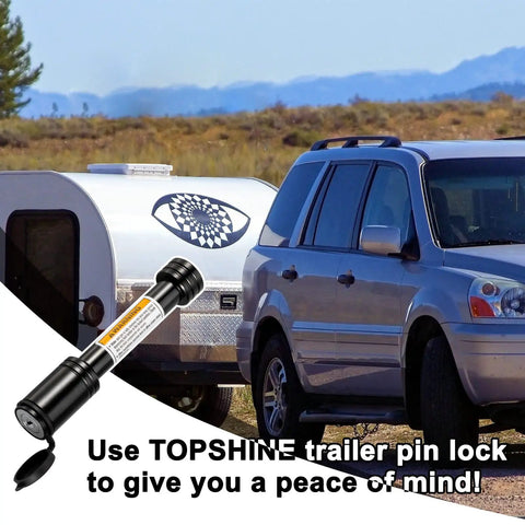 Heavy Duty Anti Theft Trailer Hitch Lock Pin Five Eighth Inch Diameter Fits Two Inch Receivers Steel Construction Keeps Your Trailer Secure From Thieves shown with SUV and trailer