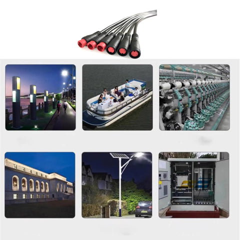 Collage with 2 Pin 3 Pin 4 Pin Waterproof Signal Cable Pigtail 20cm 26AWG and various applications including boats and industrial settings.