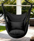 Cozy Hammock Chair With Two Cushions Hanging Rope Swing For Indoor Outdoor Patio Black Boho Macrame With Pocket And Hardware Kit Included Supports Up To 350 Lbs, installed on patio