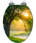 Resin Toilet Seat for Home Bathroom with a tree and sun design, fits most elongated toilets, colorful and artistic.