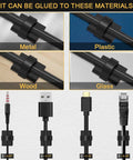 Self Adhesive Cable Clips With 3M Adhesive For Tidy Cables Wire Holder Clamp For Desk Car Dash Cam Walls And Tables Black 30 Pieces Fits 0 To 5 mm Cables Cuttable Inner Channel Strong Hold After 24 Hours showing clips on various materials.