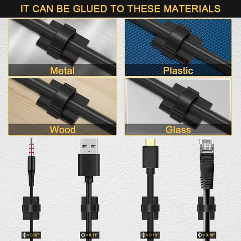 Self Adhesive Cable Clips With 3M Adhesive For Tidy Cables Wire Holder Clamp For Desk Car Dash Cam Walls And Tables Black 30 Pieces Fits 0 To 5 mm Cables Cuttable Inner Channel Strong Hold After 24 Hours showing clips on various materials.