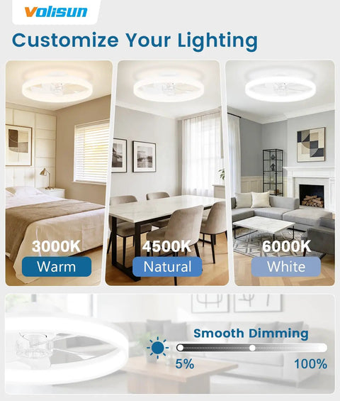 Low Profile 20 Inch Ceiling Fan With Lights And Remote, Smart Dimmable Led Fandelier Flush Mount For Bedroom with adjustable color temp.