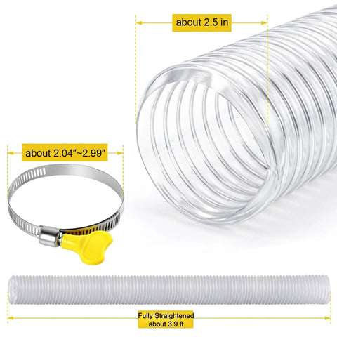 Clear Dust Collection Hose Made Of PVC 2.3 In By 3.9 Ft With Tough Heavy Duty Stainless Steel Wire Reinforcement, Clamp Included