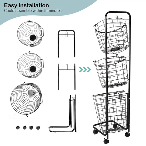 Three-Tier Laundry Cart On Wheels With Heavy-Duty Wire Baskets, assembly parts and steps, Durable Steel Construction, Easy Transport