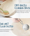 All In One Sourdough Starter Kit with banneton, cleaning brush, and flour duster for dough proofing, highlighting tools use.