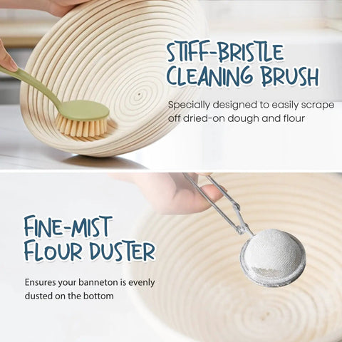 All In One Sourdough Starter Kit with banneton, cleaning brush, and flour duster for dough proofing, highlighting tools use.