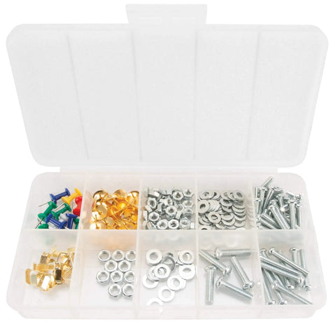 Open organizer with assorted fasteners, part of Organize Your Craft Space With This Tote Organizer For 1000 Piece Home Fastener Assortment.