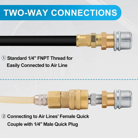 Diagram showing two-way connections of Locking One Quarter Inch FNPT Closed Flow Brass Tire Air Chuck Twin Pack With Quick Connect.