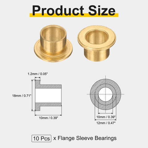 10 Pack Flange Sleeve Bearings Self Lubricating Sintered Bronze Bushings 10mm Bore 12mm OD 10mm Length With 18mm Flange Diameter And 1.2mm Flange Thickness For Wide Temperature Range And Quiet Smooth Operation, size diagram