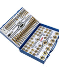 Top Pick Alloy Steel Tap And Die Set With 86 Pieces Includes T Handle Holders Gauges For Metalworking And Rethreading Tasks Perfect Metric Tool Kit For Your Home Workshop Or Industrial Garage Jobs. open case with taps, dies and handles