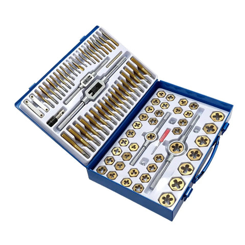 Premium 86-Piece Metric Tap Die Set With Full Assortment of Alloy Steel Taps Dies Gauges And Heavy Duty Wrenches For Precision Thread Cutting In Service Work And DIY Projects That Actually Rock. Open blue case with metric tap and die set