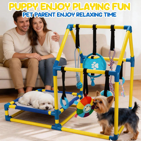 Puppy Play Gym Indoor Dog Playground With 8 Enrichment Toys Hanging Toys PVC Frame Interactive Activity Center For Small Dogs