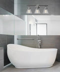 Chrome bathroom with 23-inch 3-light vanity wall light, clear glass shades, towel bar, towel ring, modern vintage vibe
