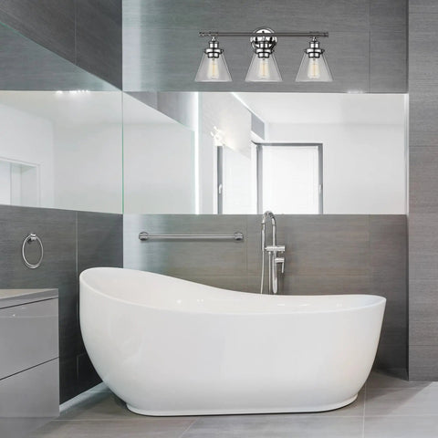 Chrome bathroom with 23-inch 3-light vanity wall light, clear glass shades, towel bar, towel ring, modern vintage vibe