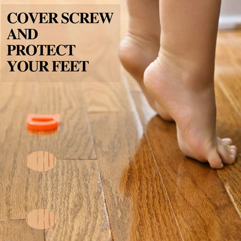 Child stepping on wood floor with 648 Piece Adhesive Screw Hole Cover Stickers Wood Grain Furniture Repair Kit applied
