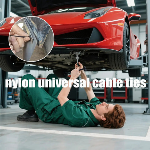 Mechanic using Heavy Duty Nylon Cable Tie Buckle Kit With Pin And Button, UV Resistant Black Zip Ties For Car Repairs on a car underbody