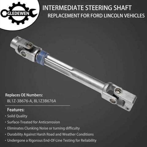 Intermediate steering shaft with U-joint coupler, silver metal, side view.