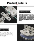 Product details showing heavy duty no drill glass door hinges pack with positioning card slot and non-slip gasket features.