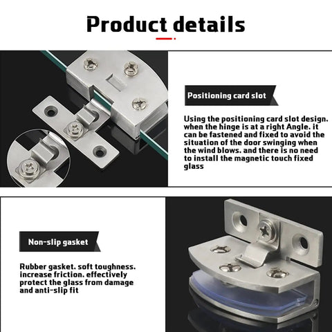 Product details showing heavy duty no drill glass door hinges pack with positioning card slot and non-slip gasket features.