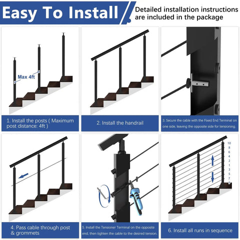Easy to install guide for Lock Down Your Deck With This Hella Solid Cable Railing Post Kit and Handrail Modular design, showing six steps.