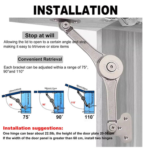 Installed: JinBoCheng heavy-duty lid stay hinge on cabinet lid; adjustable 75°/90°/110°, max 25 lb, 2 pcs
