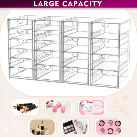 Real Talk No Fuss Clutter Crusher Game Changer Vanity Setup Easy Glide Bins Crisp Acrylic Cosmetic Holders For Desks Counters Under Sink Straight Up Space Savers large capacity drawer organizer with multiple smooth trays.