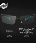 Heavy Duty Safety Glasses With Clear Polycarbonate Lenses And No Sweat Anti Fog Coating Featuring Adjustable Ratchet Temples In Gray And Blue Green For Tight Seal Coverage And Smooth Daily Grind, showing lenses with anti-fog coating.