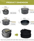 Nonstick Camping Cookware Mess Kit With Foldable Handles showing sizes: 0.8L kettle, 1.7L pot, 3L pot, 8-inch pan, and carry bag