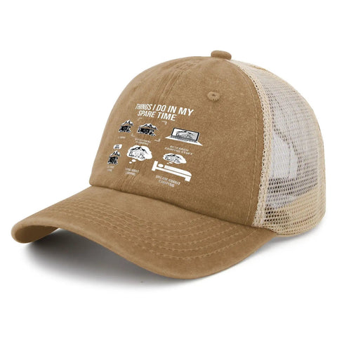 Khaki Funny Spare Time RV Camper Hat For Him Outdoor Cap With Adjustable Strap, front view with mesh back design, text detail visible
