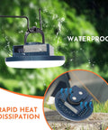 Lit 12000mAh Camping Lights 2 Pack with 42W rechargeable tent lanterns showing waterproof feature and heat dissipation.